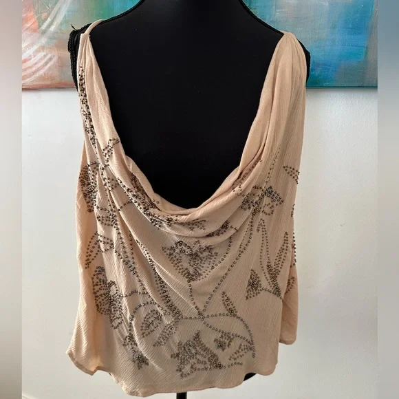 Free People Waiting For You Embellishing Beaded Tan Cami Cowl Neck Adjustable L - Picture 1 of 16